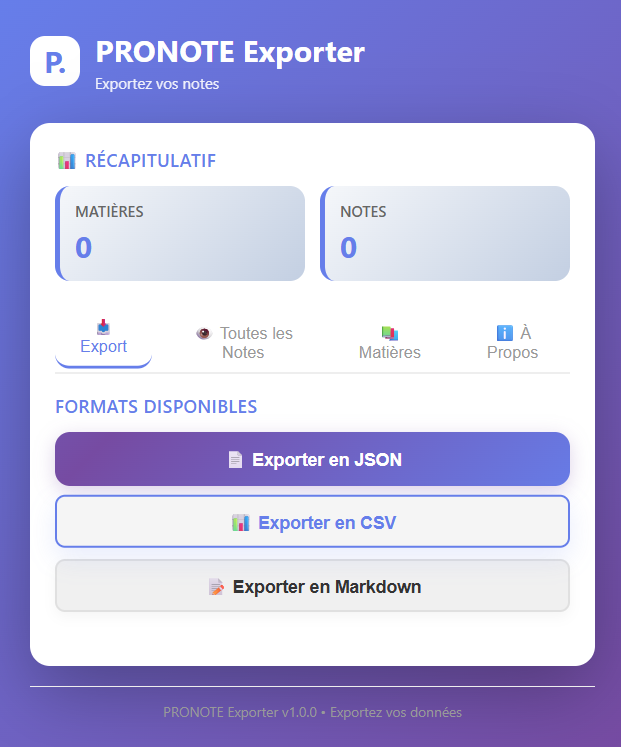 Aperçu de Pronote-Exporter, extension Chrome d'export des notes Pronote en JSON, CSV et Markdown